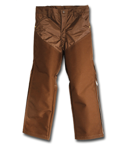 These pants are made with 420 Denier Nylon and have 1000 Denier Magnatuff on the front and up to the knees on the back. Features include leg zippers, zipper fly, 4 deep pockets, and rivets on stress points. Made in U.S.A.